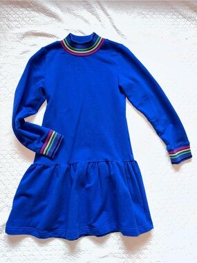 Florence Eiseman Royal Blue Long Sleeve Dress with Rainbow Trim